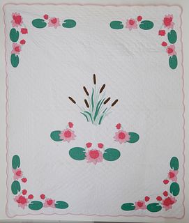 Water Lilies and Cattails Applique Quilt, circa 1930s