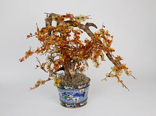 Chinese Carnelian Tree in a Cloisonne Pot, 20th century