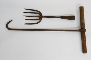 Iron Eel Spear and Iron and Wood Hook, 19th Century