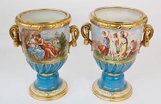 Pair of Continental Classical Hand Decorated Urns, 19th century