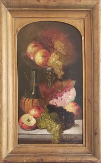 Edward Leavitt Oil on Board, "Fruit and Wine Still Life", 19th Century