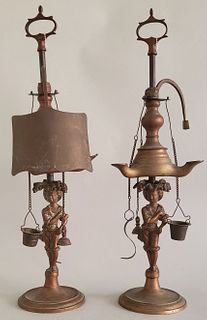 Pair Vintage Brass Portuguese Figural Oil Lamps