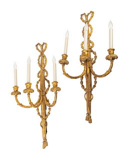 A Pair of Louis XVI Style Giltwood Three-Light Sconces
Height 33 x width 15 inches.