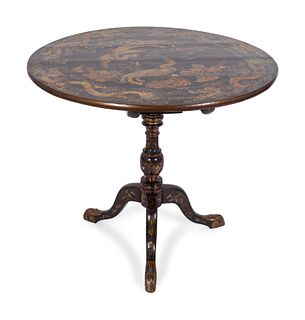 A Chinese Export Gilt-Decorated Black Lacquer  Tilt-Top Tripod Table
Height 33 x diameter 36 inches.
