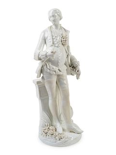 A German White Porcelain Figure of Gentleman Holding a Posey and Bouquet
Height 18 1/2 inches.
