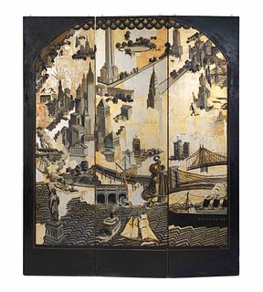 An Art Deco Style Black and Gilt Painted Three-Panel Screen Depicting New York City
60 x 70 inches.