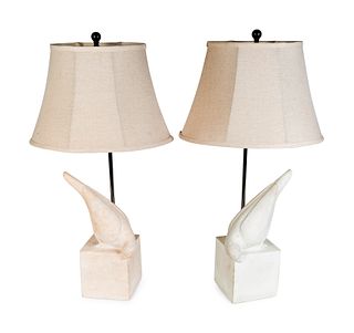 A Pair of Christopher Guy Colombe Gauche Carved Limestone Table Lamps