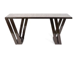 A Contemporary Lacquer Console Table with Tesselated Nacre Top Surface
Height 34 1/2 x width 71 x depth 16 inches.