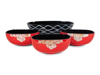 A Group of Four Lacquered Bowls
Largest, height 6 1/4 x width 18 x depth 8 inches.
