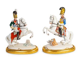 A Pair of Nymphenberg Porcelain Military Figures on Horseback
Height 13 1/2 inches.