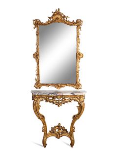 A Louis XV Style Giltwood  Console and Similar Mirror
Height of console 34 x width 34 x depth 15 inches; height of mirror 50 x width 30 1/2 inches.