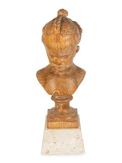 A French Carved Oak Portrait Bust of Young Girl
Height of sculpture 19 1/2 inches.