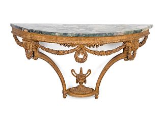 A Louis XVI Style Carved Wood  Console 
Height 33 1/2 x length 64 x depth 18 1/4 inches.