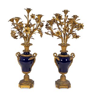 A Pair of Louis XV Style Gilt-Bronze and Cobalt Blue-Glazed Porcelain Five-Light Candelabra
Height 29 inches.