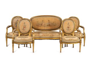 A Louis XVI Style Aubusson Tapestry-Upholstered Giltwood Five-Piece Salon Suite
Height of settee 36 1/2 x length 50 x depth 26 1/2 inches; height of c