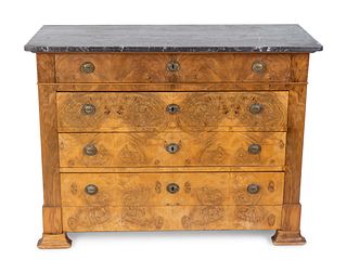 A Louis Philippe Burled Walnut Commode
Height 36 x length 47 x depth 19 1/4 inches, marble top 47 x 20 7/8 inches.