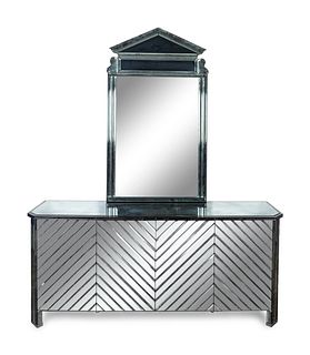 A Contemporary Mirrored Credenza with Associated Mirror
Height 32 x length 73 x depth 18 inches; height of mirror 36 x width 32 inches.