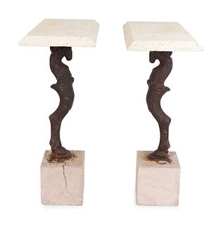 A Pair of Travertine and Cast-Iron Garden Consoles 