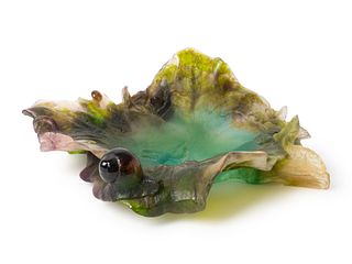 A Daum Pate de Verre Glass Maple Leaf Applied with Snails