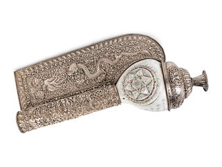 A Tibetan Silvered Metal Mounted  and Inscribed Shell Scroll Holder
Length 16 inches.
