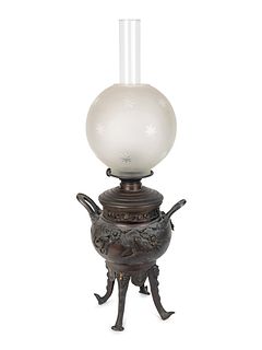 A Japanese Bronze Urn Mounted as an Oil Lamp
Height of bronze 12 inches.