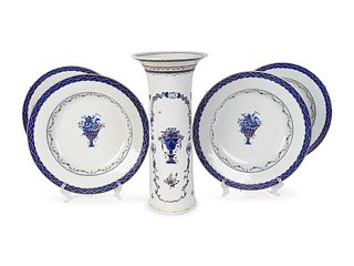 A Set of Four Chinese Export Porcelain Plates and a Cylindrical Vase
Height of vase 11 1/2 inches.