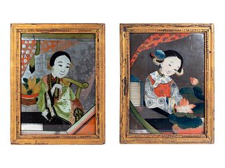 A Pair of Chinese Eglomise Panels Depicting Maidens 
18 x 14 inches.