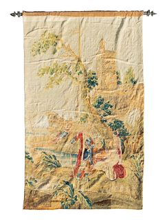 An Aubusson Tapestry Depicting Figures on Shore, Near a Sailing Ship
Tapestry, height 95 x 59 inches; steel pole, length 73 1/2 inches.