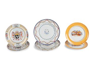 A Pair of Chinese Export Porcelain Armorial Dishes and Four Mottahedeh Porcelain Plates Diameters 10, 8 3/4 and 8 3?4inches.