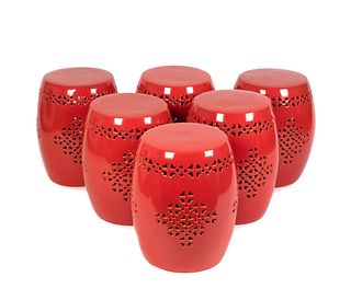 A Set of Six Chinese Style Red-Glazed Ceramic Garden Seats
Height 18 x diameter 14 inches.