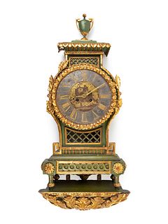 A Swedish Neoclassical Painted Bracket Clock and Bracket
Height of clock 28 x width 13 1/2 x depth 6 1/2 inches; height of bracket 7 1/2 x length 15 x