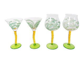 A Contemporary Engraved and Enameled Glass Palm Tree Part Stemware Service
