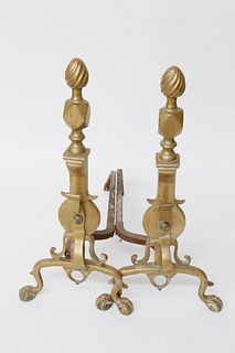 Pair of Newport Rhode Island Flame Top Brass Andirons, late 18th Century