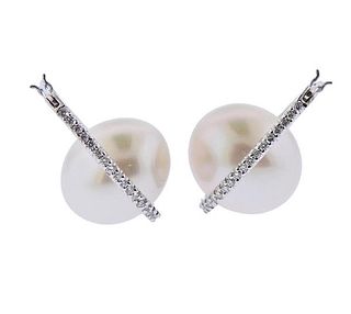 18K Gold Diamond Pearl Hoop Earrings