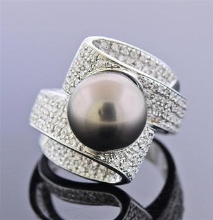 18k Gold Tahitian Pearl Diamond Cocktail Ring 