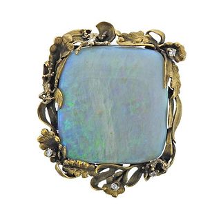 Antique 18K Gold Diamond 18.30ct Opal Brooch Pin