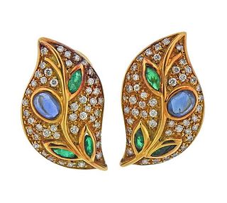 18K Gold Diamond Sapphire Emerald Leaf Motif Earrings 