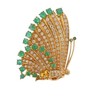 18k Gold Diamond Emerald Butterfly Brooch Pin 