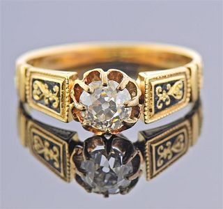Antique 18k Gold Old Mine Diamond Enamel Engagement Ring 
