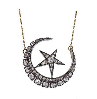 18k Gold Silver Old Mine Diamond Moon Star Pendant Necklace 