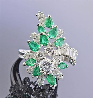 Platinum Diamond Emerald Cocktail Ring 