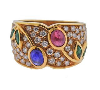 18K Gold Diamond Multi Color Gemstone Band Ring