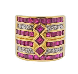 18K Gold Diamond Ruby Wide Band Ring 