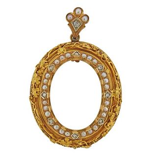 Antique Victorian 18k Gold Diamond Pearl Pendant Brooch 