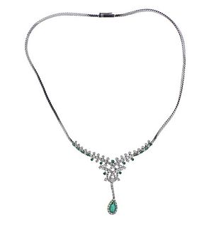 18k Gold Diamond Emerald Drop Pendant Necklace 