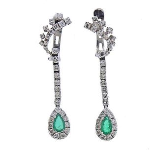 18k Gold Diamond Emerald Drop Earrings 