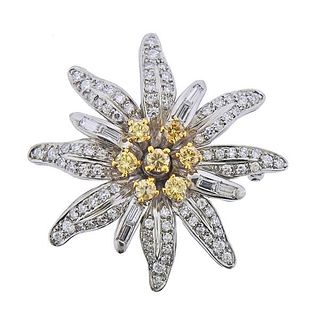 Mid Century 18k Gold Yellow White Diamond Flower Brooch 