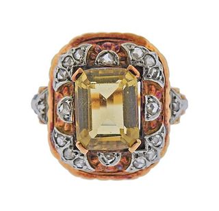 1940s 18k Gold Diamond Citrine Ring 