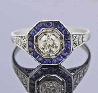 Art Deco Platinum Diamond Sapphire Engagement Ring 
