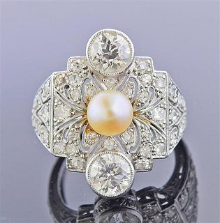 Art Deco 18k Gold Diamond Pearl Ring 